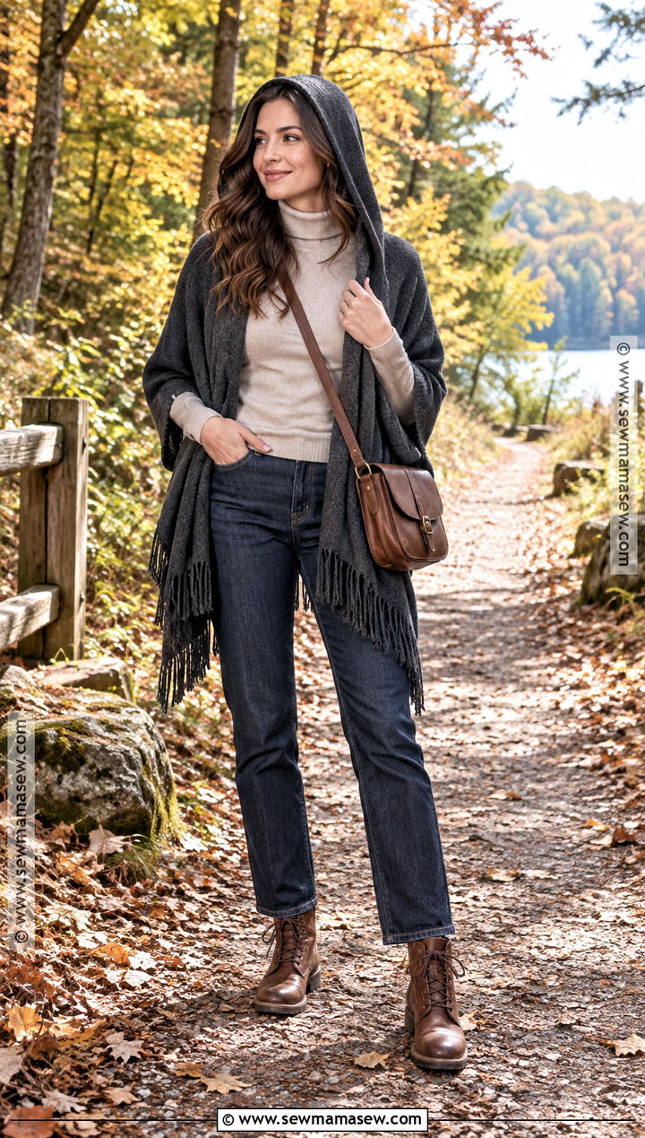 Hooded Shawl With A Sweater And Jeans - 20 shawl outfit fall ideas
