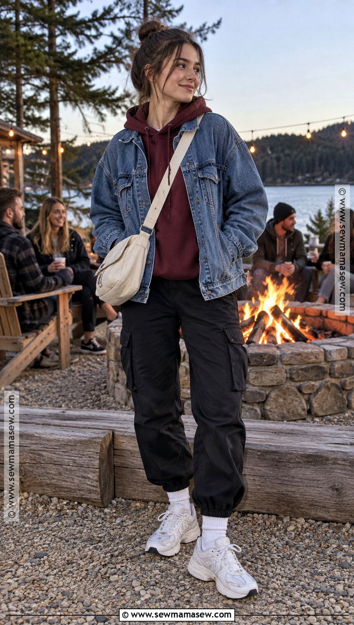Hoodie And Denim Jacket Bonfire Outfit - 20 bonfire outfit fall night ideas