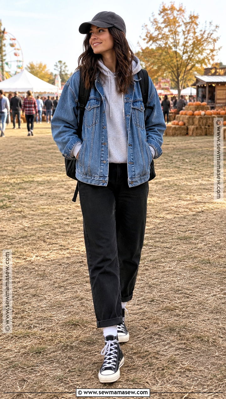 Hoodie And Denim Jacket Fall Festival Outfit - 25 fall festival outfits