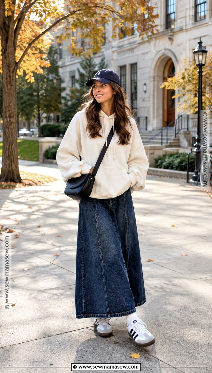 Hoodie And Denim Maxi Skirt - 20 fall outfit modest ideas