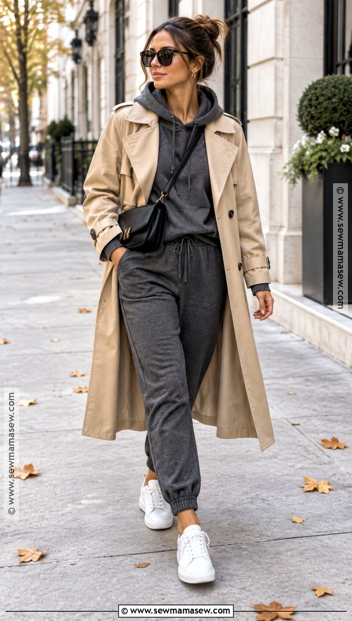 Hoodie And Jogger Set With Trench Coat - 15 cozy fall outfit set ideas