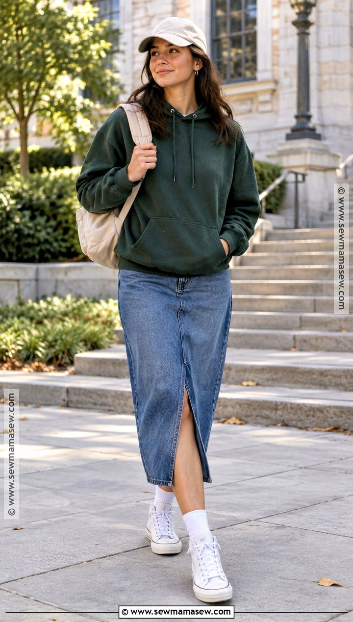 Hoodie And Long Denim Skirt School Outfit - 15 going back to school outfits