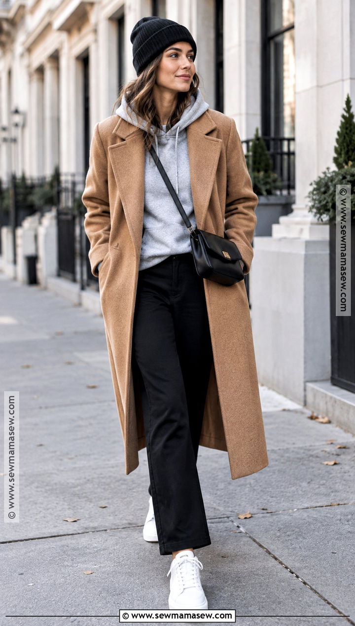 Hoodie And Long Wool Coat Fall Outfit - 30 cozy fall outfits