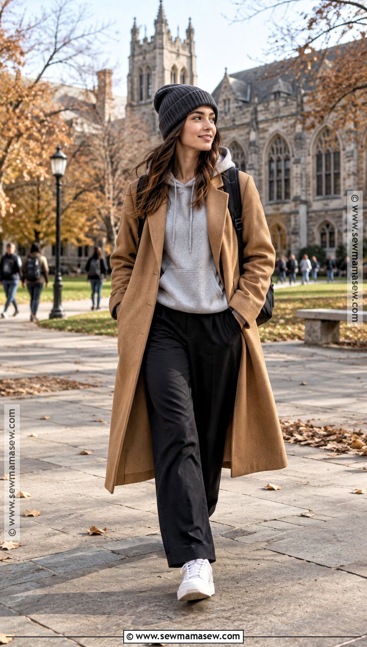 Hoodie And Long Wool Coat For University - 20 university fall outfits