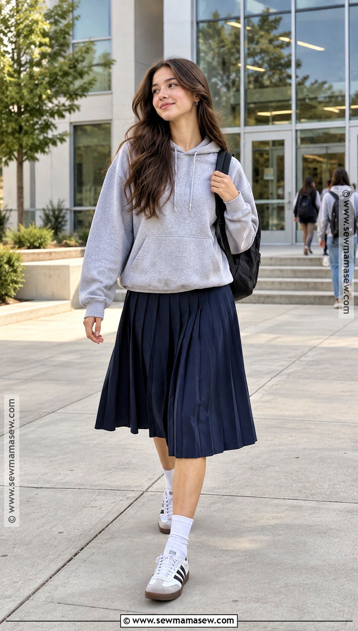 Hoodie And Pleated Midi Skirt Back To School Outfit - 20 Styles For Back To School