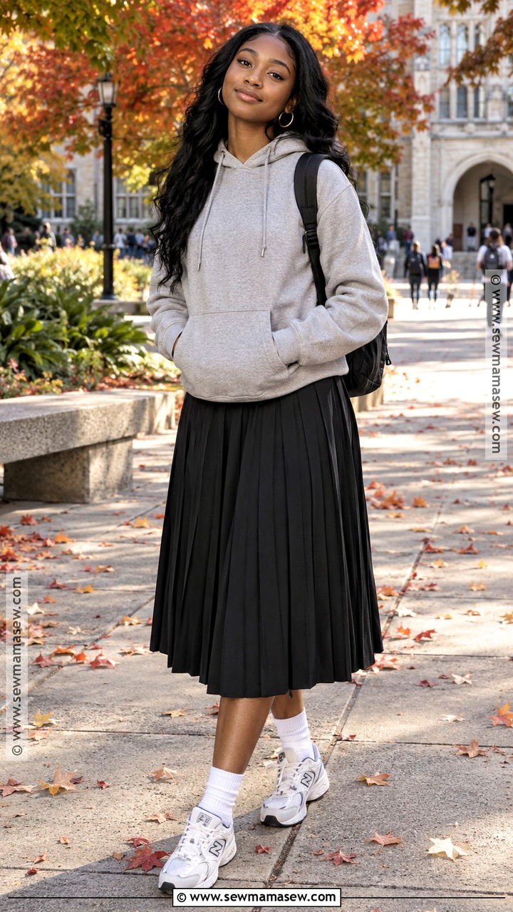 Hoodie And Pleated Skirt School Outfit - 20 fall outfits black women school
