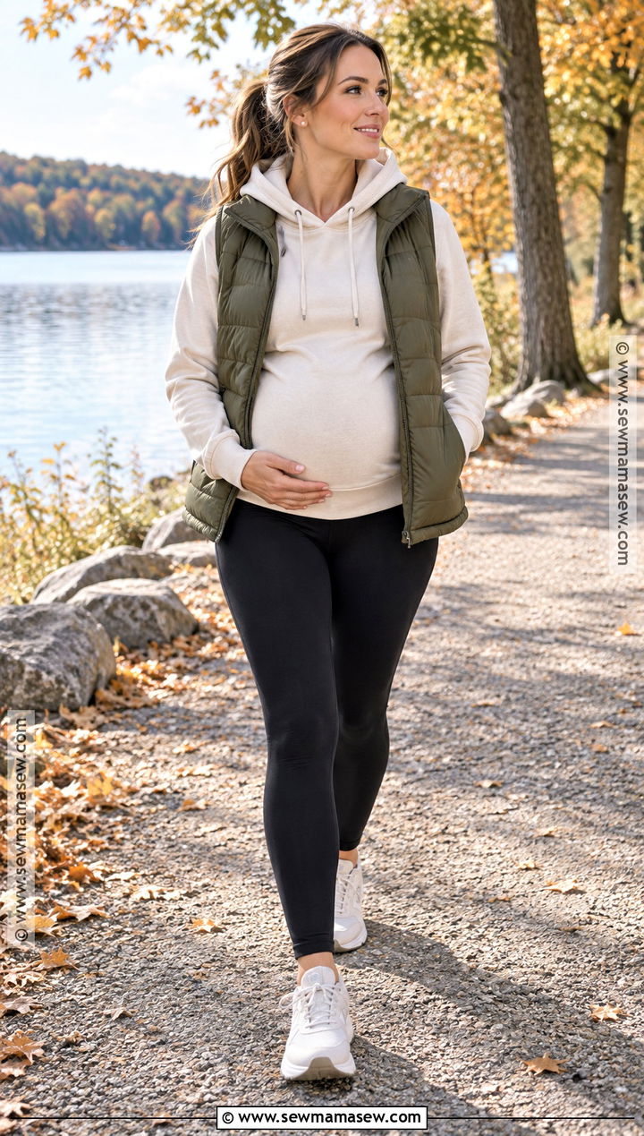 Hoodie And Puffer Vest Maternity Outfit - 15 fall maternity outfits for photoshoot casual