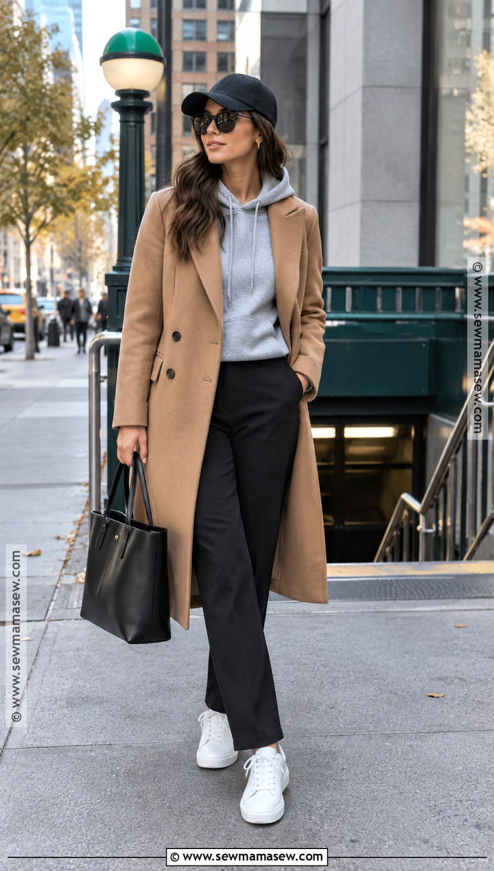 Hoodie And Structured Coat NYC Fall Outfit - 15 Nyc Outfits Aesthetic Fall
