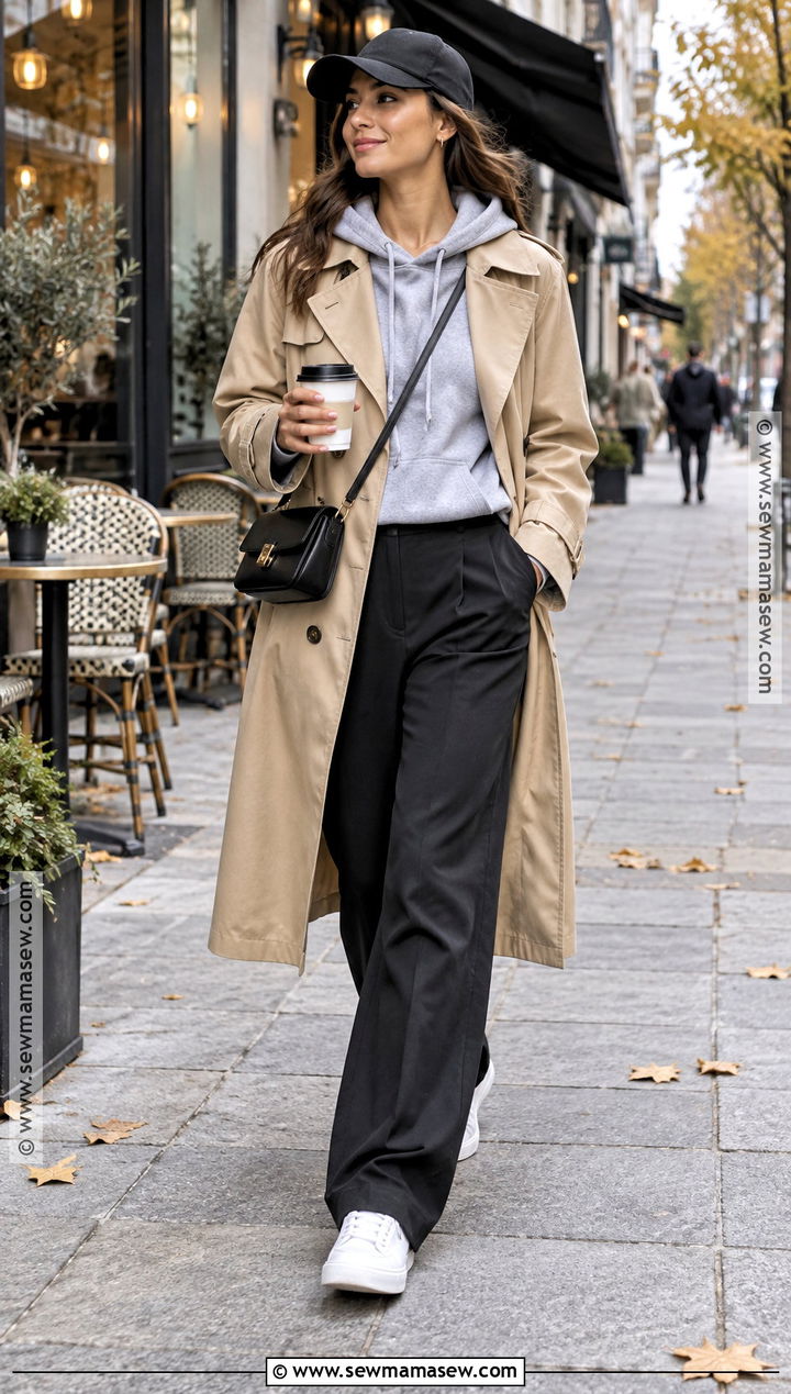 Hoodie And Trench Coat Coffee Run Outfit - 20 Fall Coffee Outfit Ideas