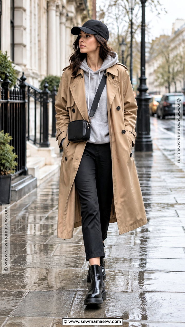 Hoodie And Trench Coat Rainy Outfit - 25 rainy fall outfit ideas