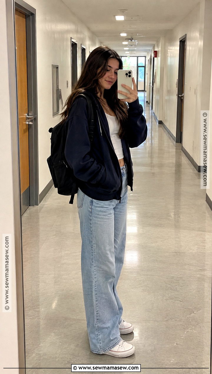 Hoodie And Wide Leg Jeans Fall School Outfit - 30 fall outfits for school