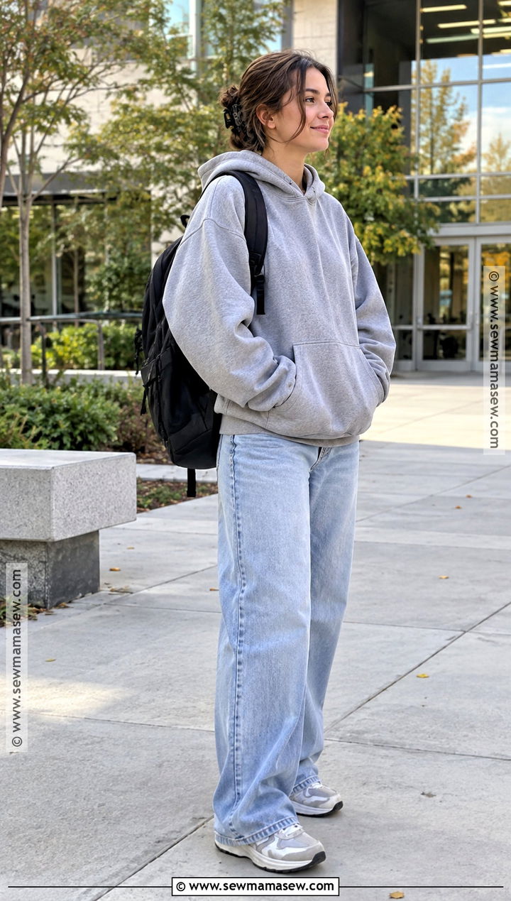 Hoodie And Wide Leg Jeans School Outfit - 20 fall outfit school ideas