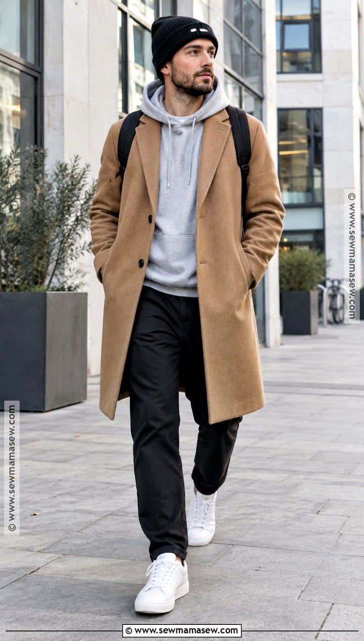 Hoodie And Wool Coat Autumn Outfit - 15 autumn aesthetic clothes for men