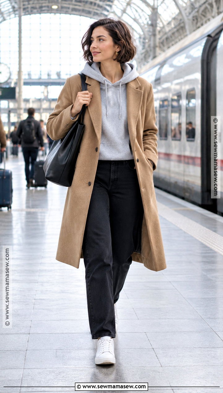 Hoodie And Wool Coat Outfit With Short Hair - 15 fall outfits with short hair