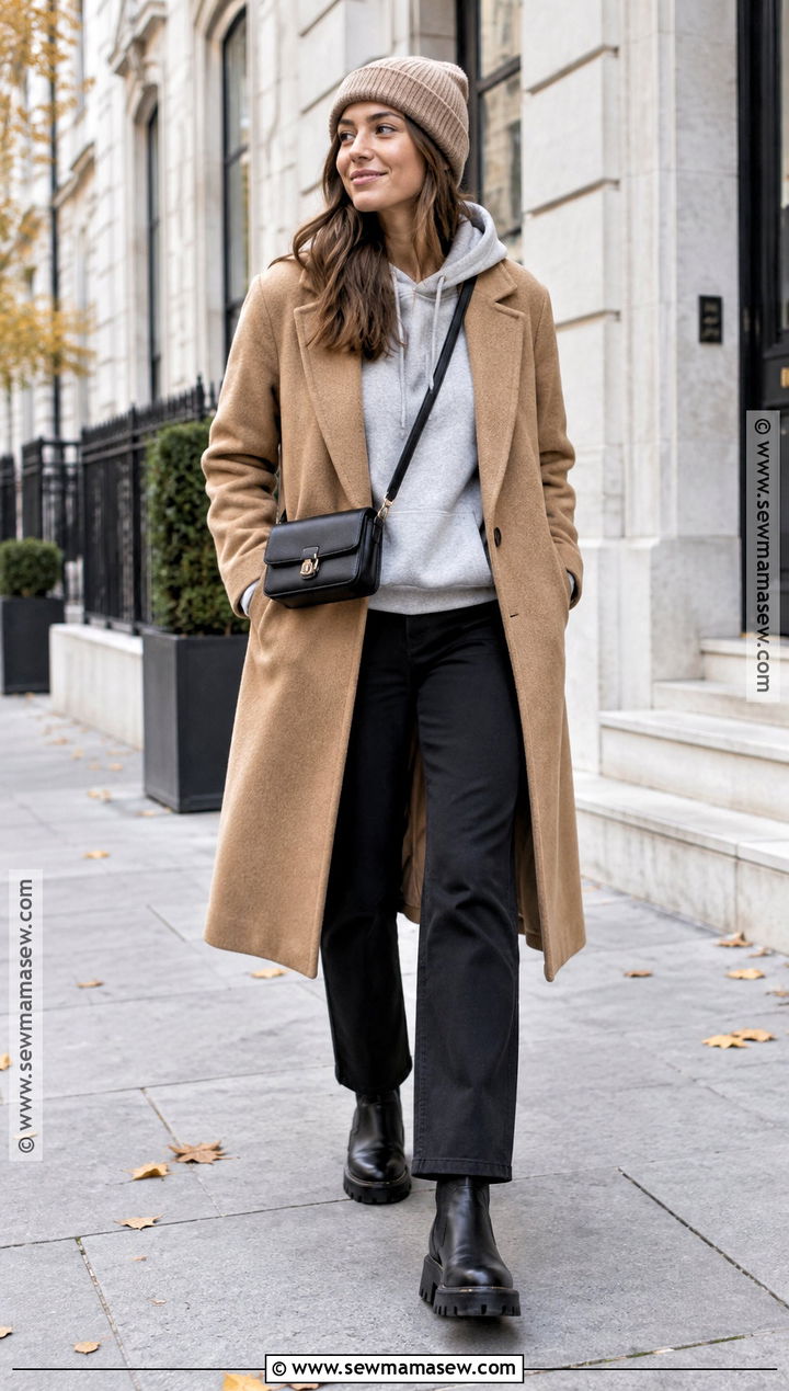 Hoodie And Wool Coat With Lug Sole Boots - 25 autumn outfits with boots