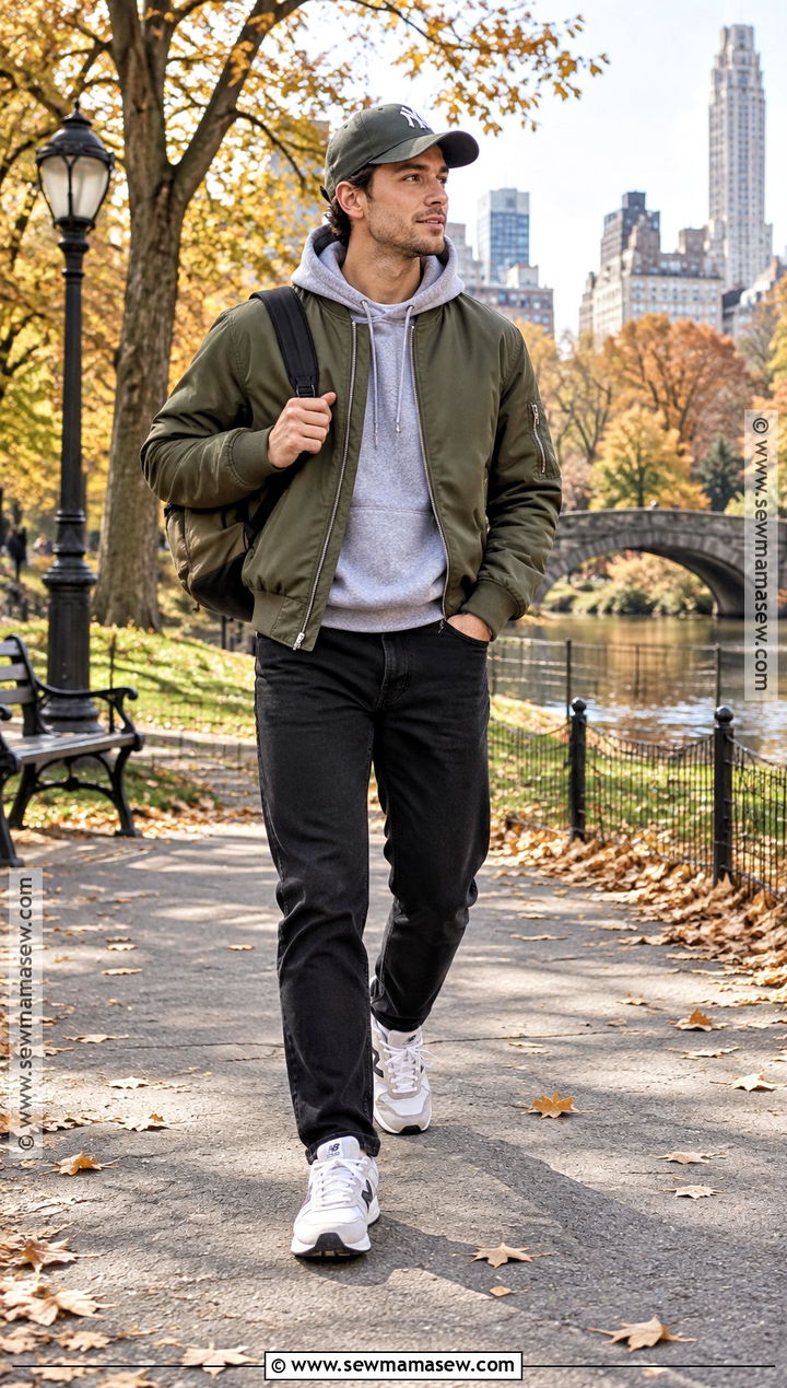 Hoodie Bomber Jacket and Straight Leg Jeans Outfit - 15 Casual Mens Fall Outfits