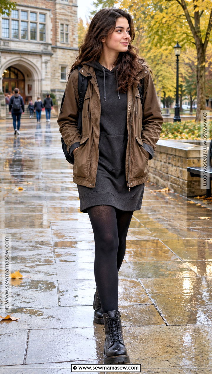 Hoodie Dress And Combat Boots Autumn Rain Outfit - 20 rainy day autumn outfit ideas