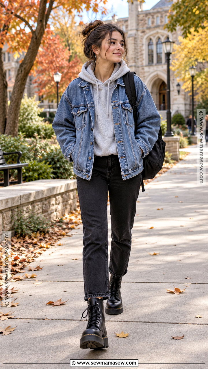 Hoodie Fall Outfit With Denim Jacket And Black Jeans - 20 Cozy Fall Fashion Ideas