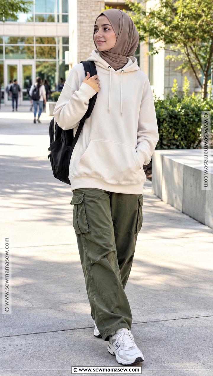Hoodie Hijab Outfit With Cargo Pants - 20 back to school hijab outfits
