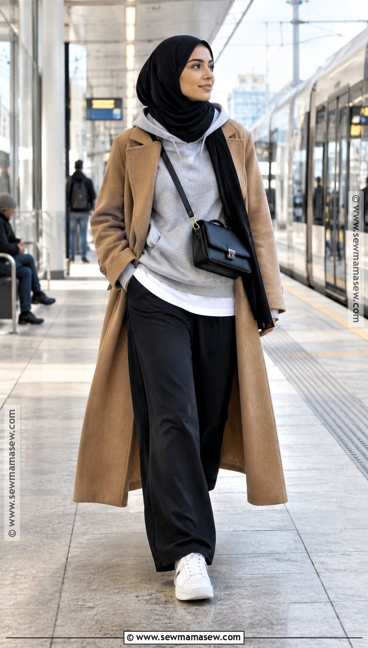 Hoodie Hijabi Outfit With A Long Coat - 25 fall hijabi outfits