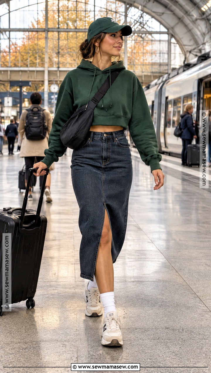 Hoodie Jean Midi Skirt And Sneakers - 25 jean skirt fall outfits