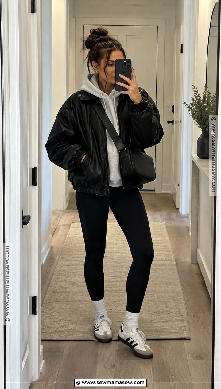 Hoodie Leather Jacket And Leggings Fall Outfit - 20 Cut Fall Outfits