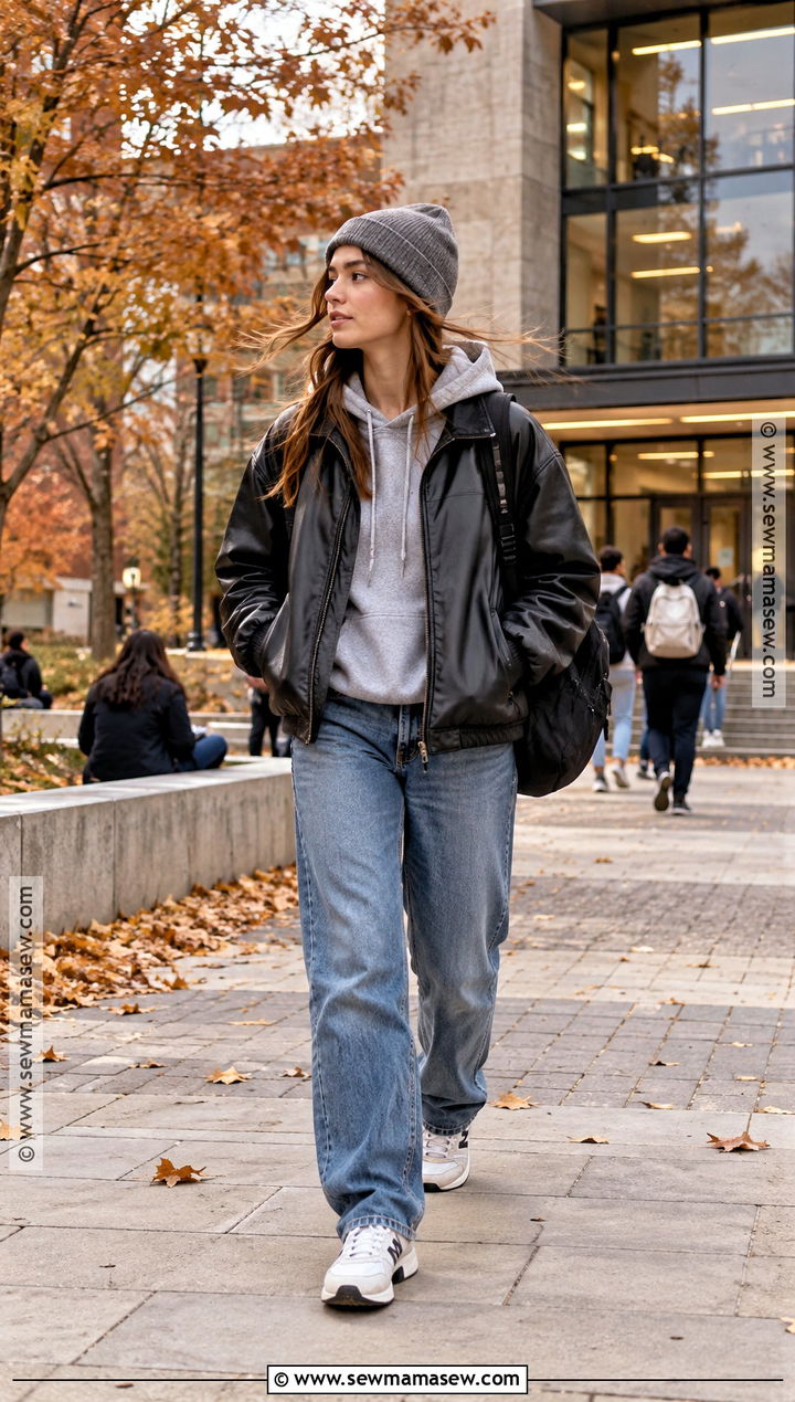 Hoodie Leather Jacket And Relaxed Jeans Campus Outfit - 15 autumn campus outfits