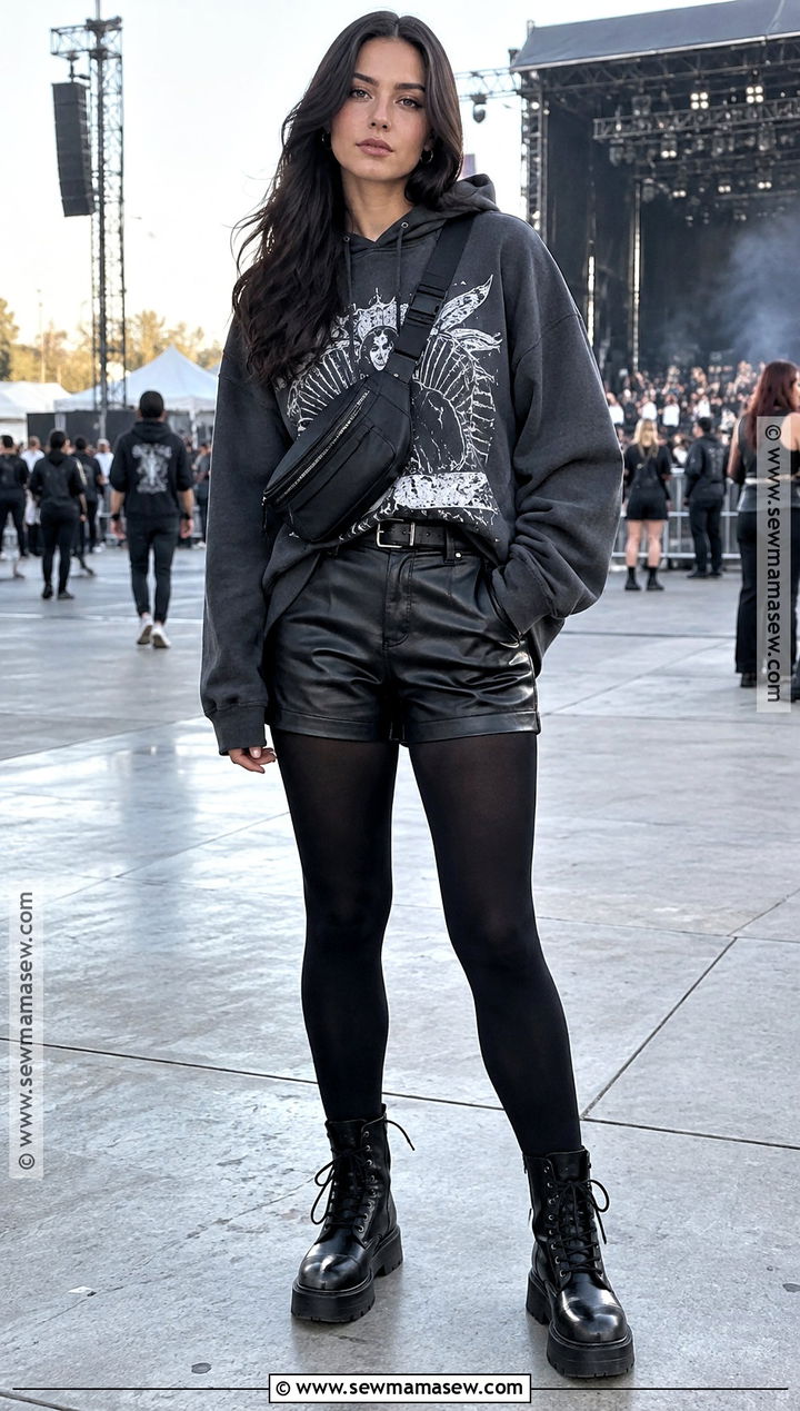 Hoodie Leather Shorts Tights Combat Boots Concert Outfit - 15 Fall Concert Outfit Night Outside Ideas