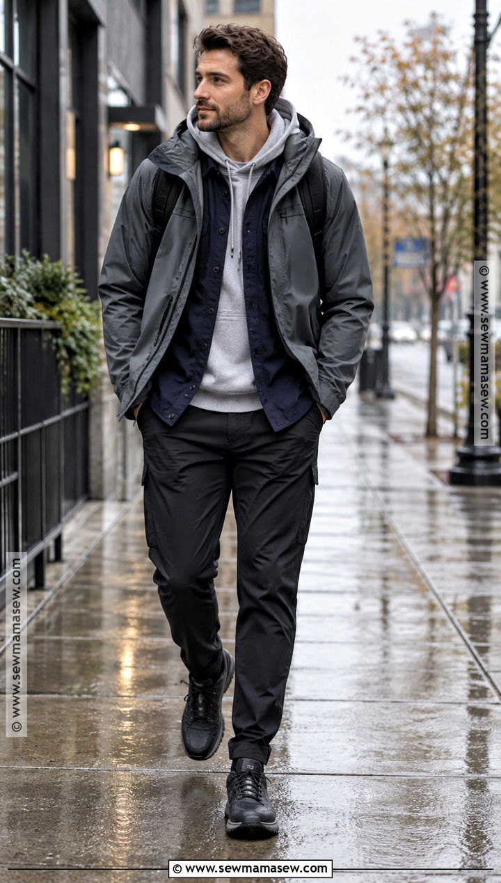Hoodie Overshirt and Rain Shell Fall Outfit - 15 fall layering outfits for men