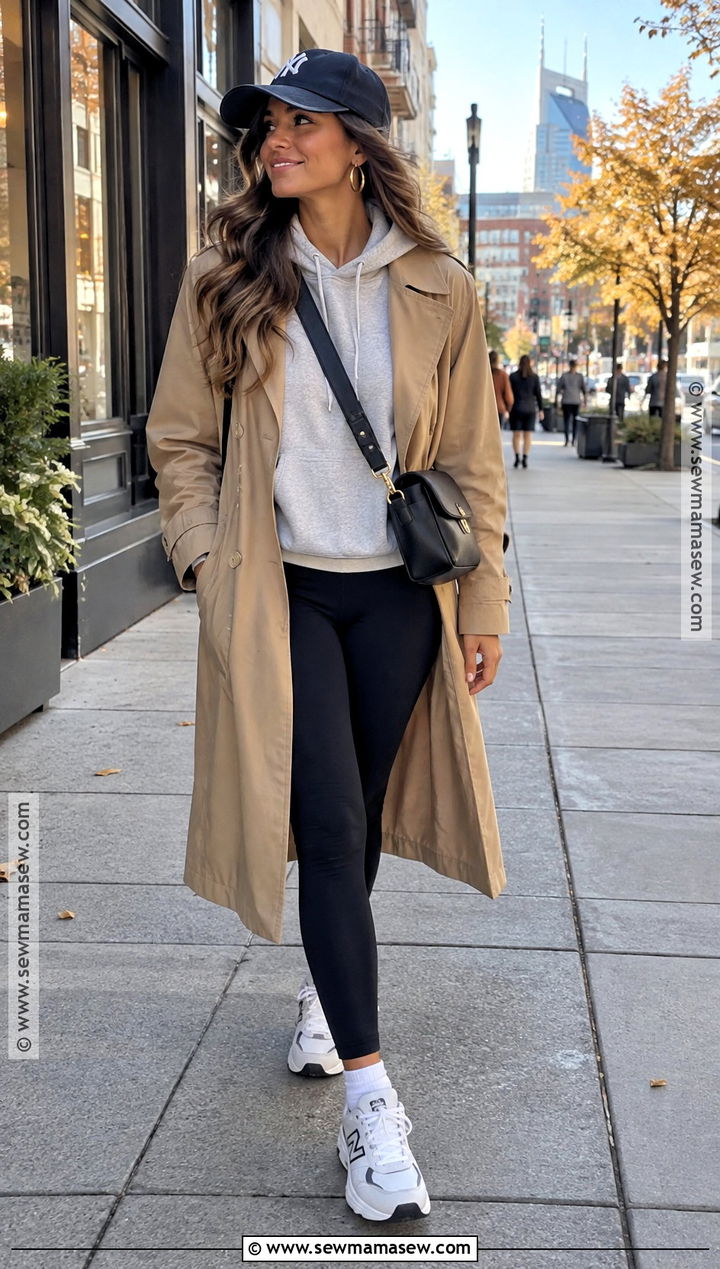 Hoodie With A Trench Coat And Leggings - 20 Casual Nashville Outfit Fall Ideas
