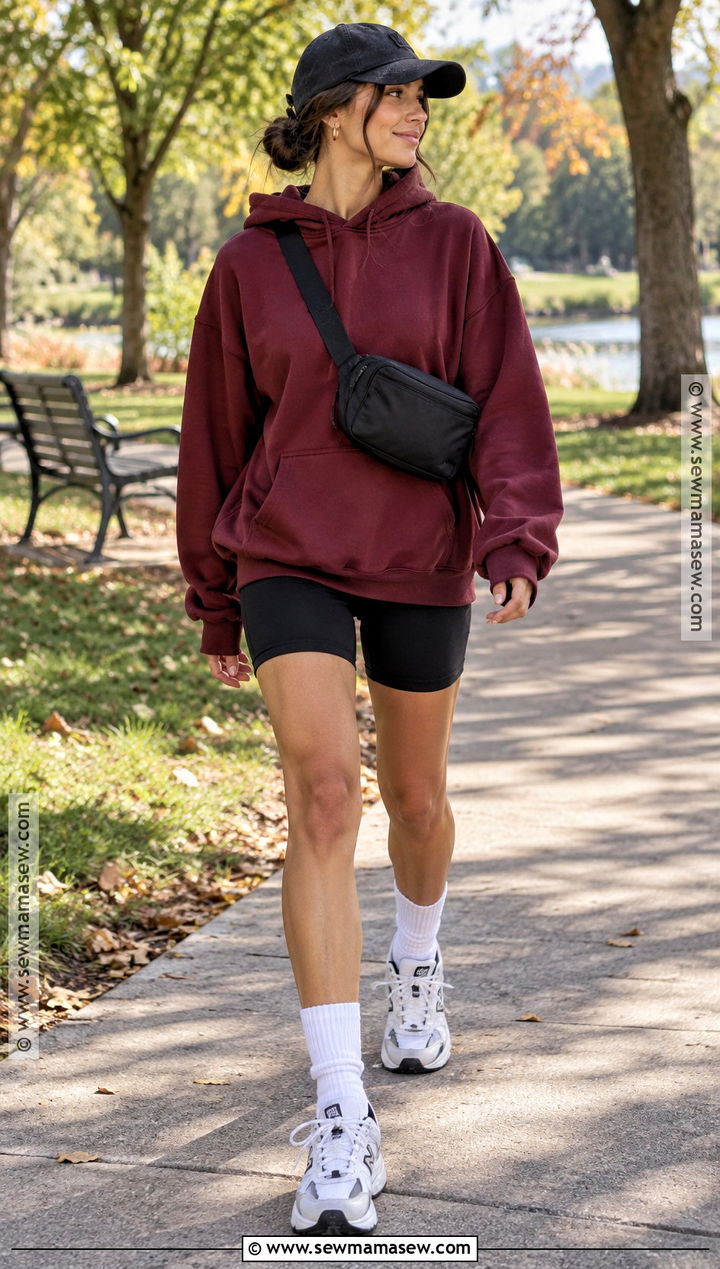 Hoodie With Biker Shorts And Crew Socks - 15 cozy fall hoodie style ideas