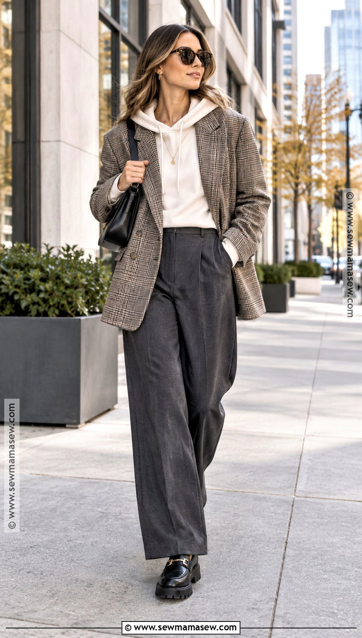Hoodie With Blazer And Wide Leg Trousers - 15 fall hoodie outfit ideas