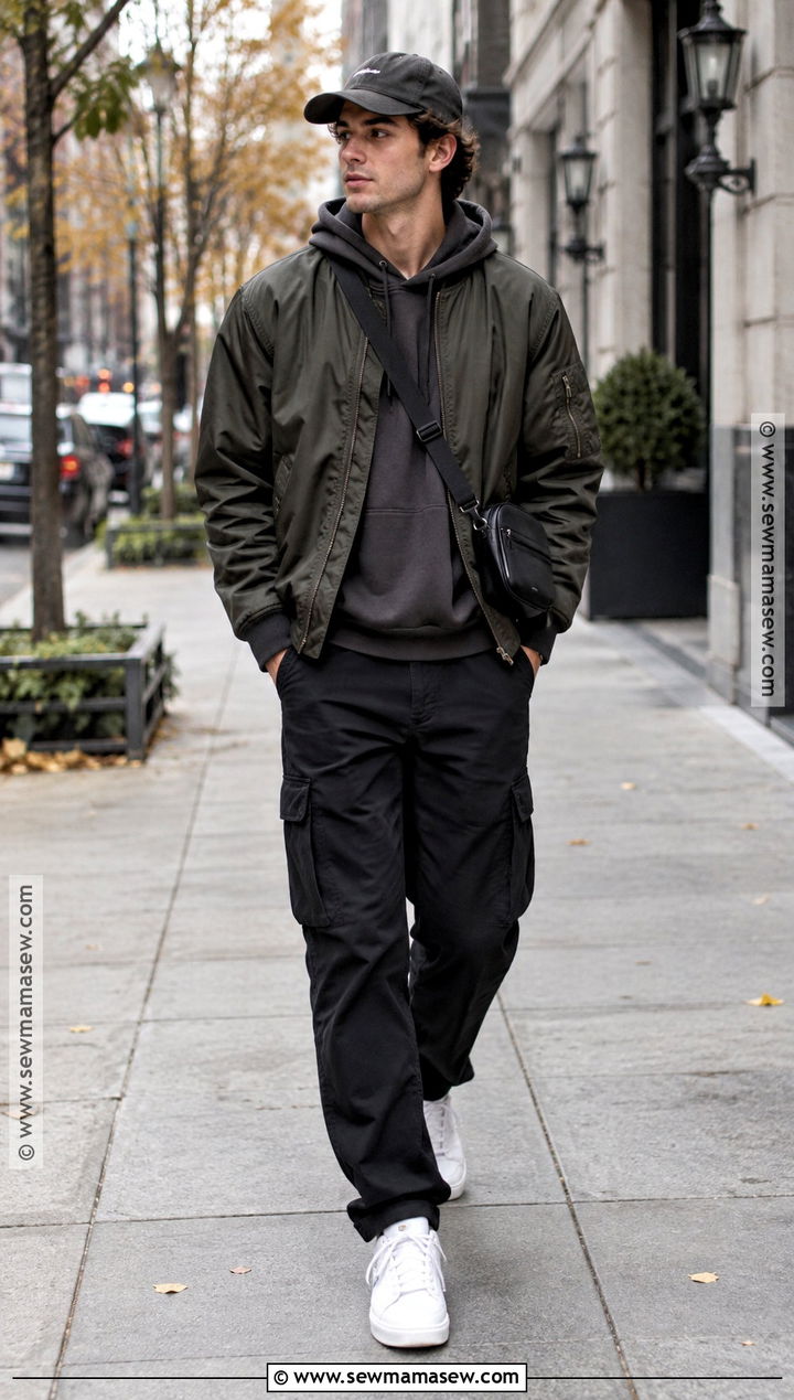 Hoodie With Bomber Jacket and Cargo Pants - 15 chill fall outfits for men