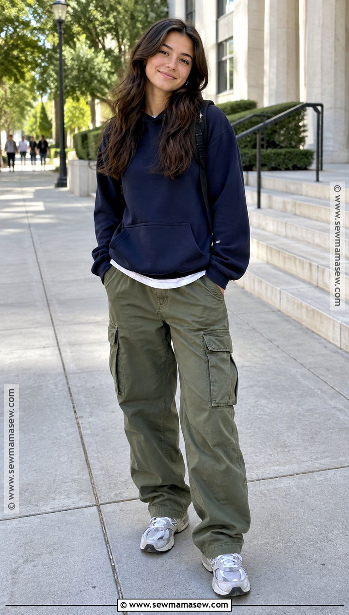 Hoodie With Cargo Pants And Everyday Sneakers - 20 basic back to school outfits