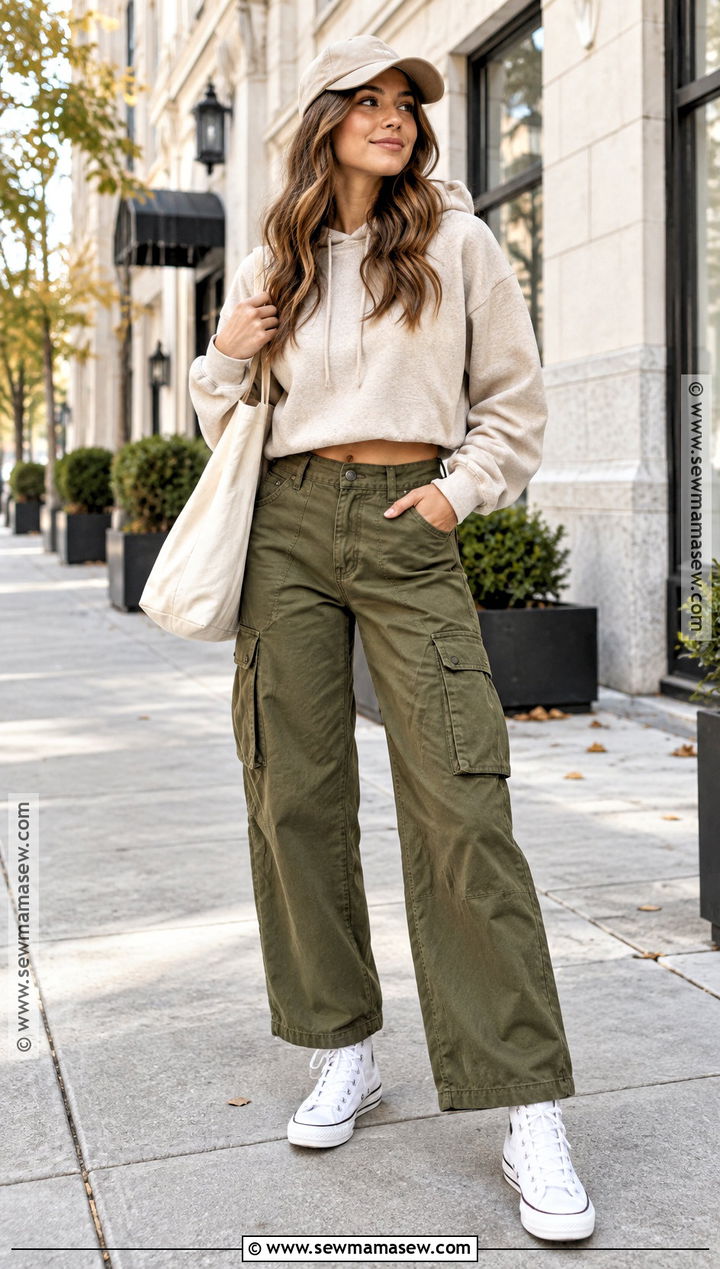 Hoodie With Cargo Pants And High Top Sneakers - 15 cute sporty outfits fall