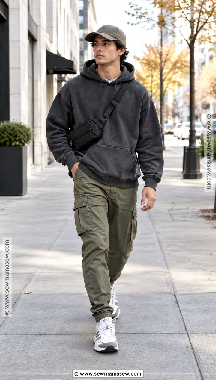 Hoodie With Cargo Pants and Retro Sneakers - 20 fall outfits for men casual
