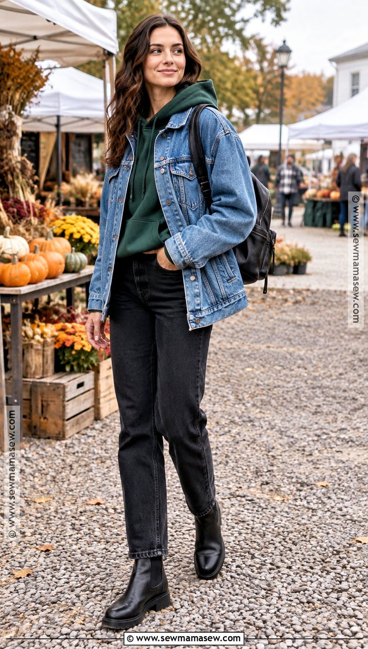 Hoodie With Denim Jacket And Black Jeans - 20 fall hoodie outfit ideas