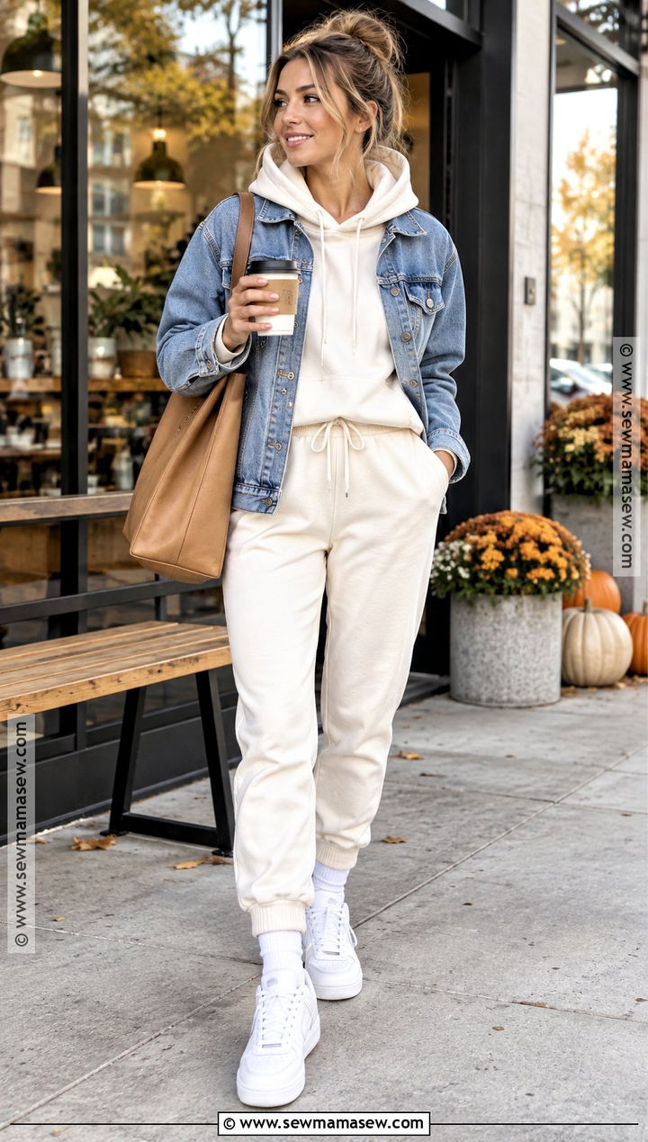 Hoodie With Denim Jacket And Joggers - 15 fall hoodie outfit ideas