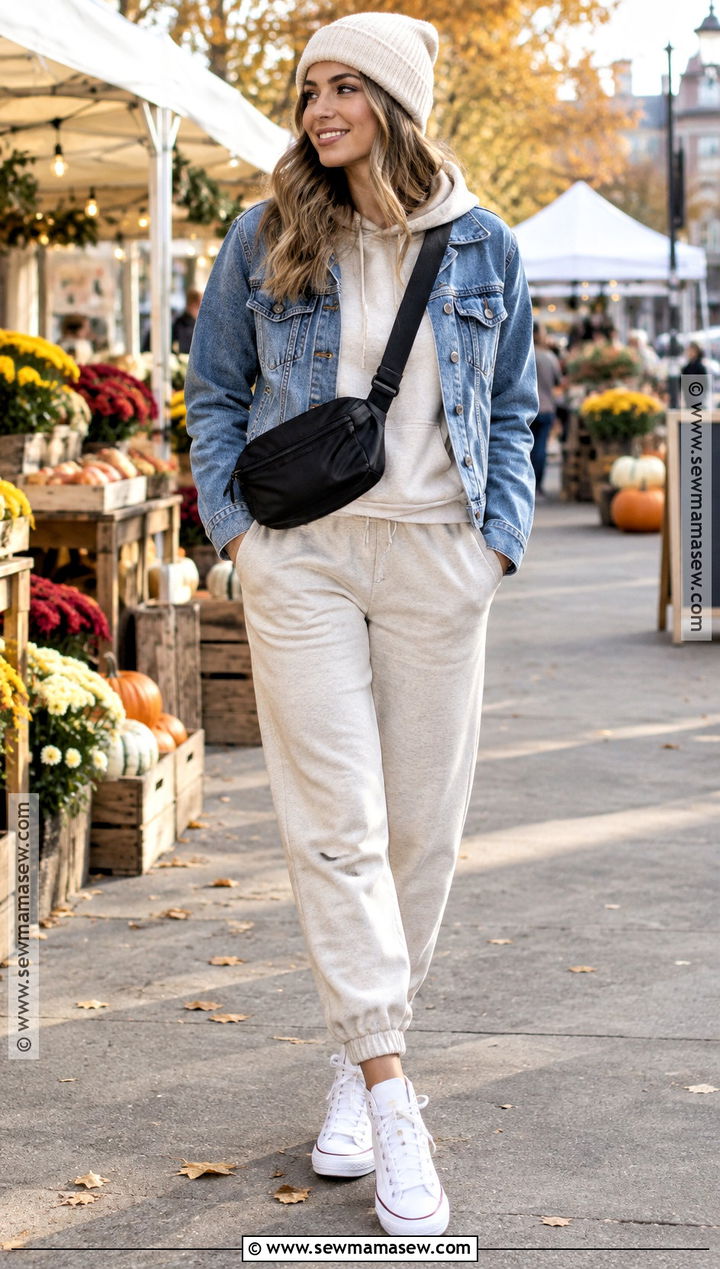 Hoodie With Denim Jacket And Joggers - 15 cozy fall hoodie style ideas
