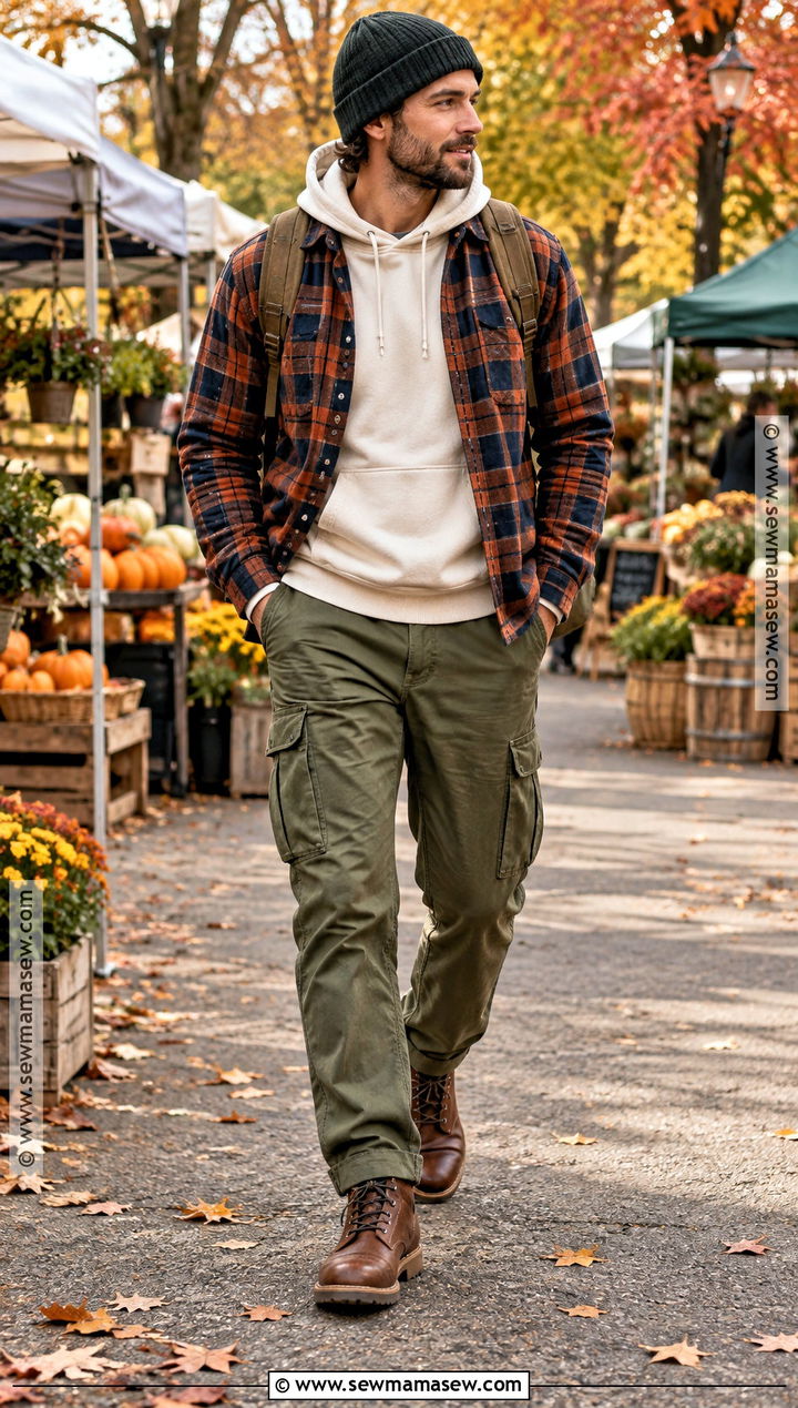 Hoodie With Flannel Overshirt And Cargo Pants - 15 Fall Hoodie Outfit Ideas for Men