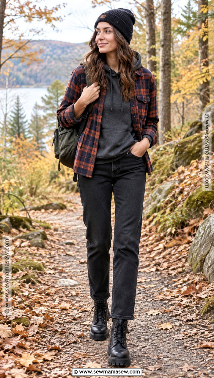 Hoodie With Flannel Shirt and Black Jeans - 15 cozy fall hoodie fashion ideas