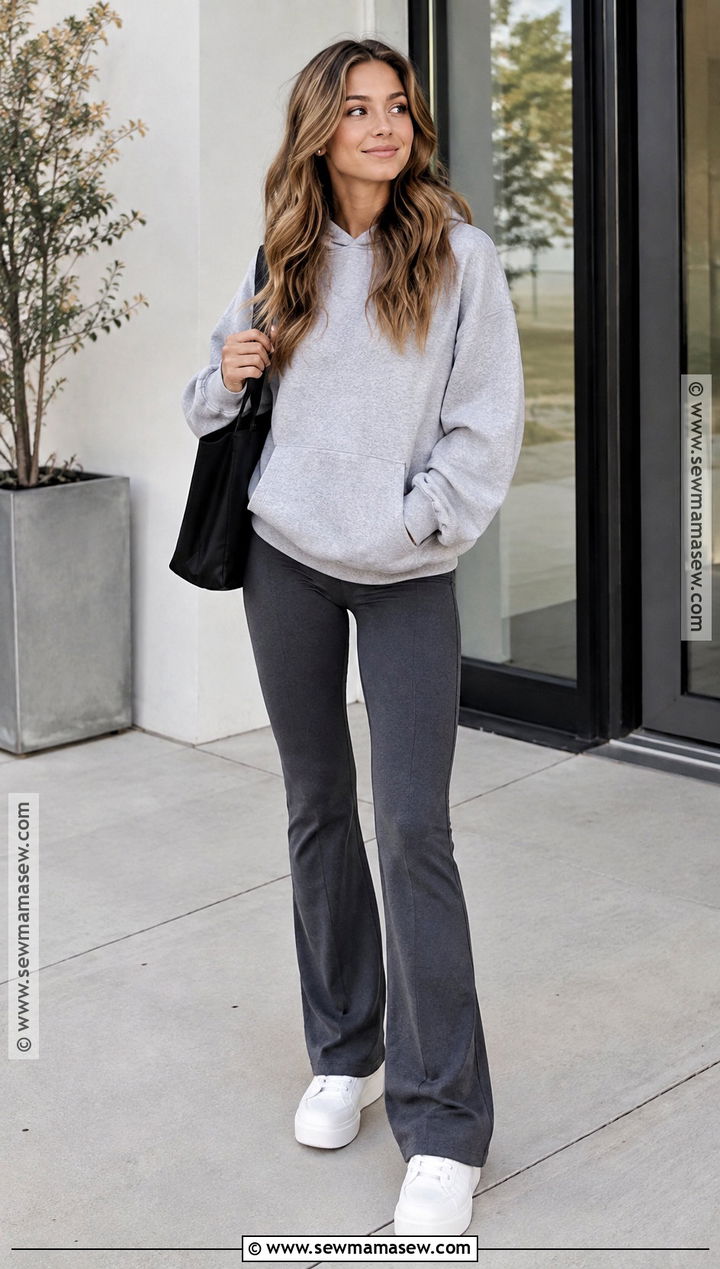 Hoodie With Flared Leggings And Platform Sneakers - 15 comfy fall outfits lazy days leggings