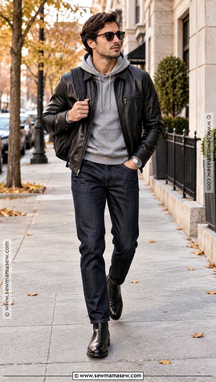 Hoodie With Leather Jacket And Dark Jeans - 15 Fall Hoodie Outfit Ideas for Men