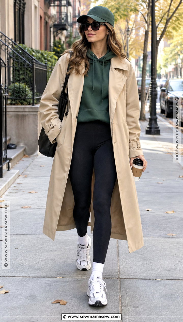 Hoodie With Leggings And Trench Coat - 20 fall sweatshirt outfit ideas