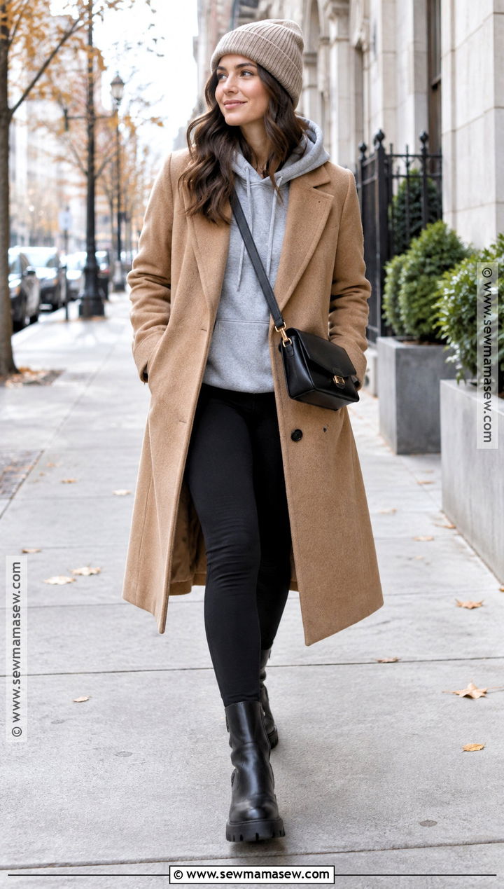 Hoodie With Long Wool Coat And Leggings - 25 fall sweatshirt ideas