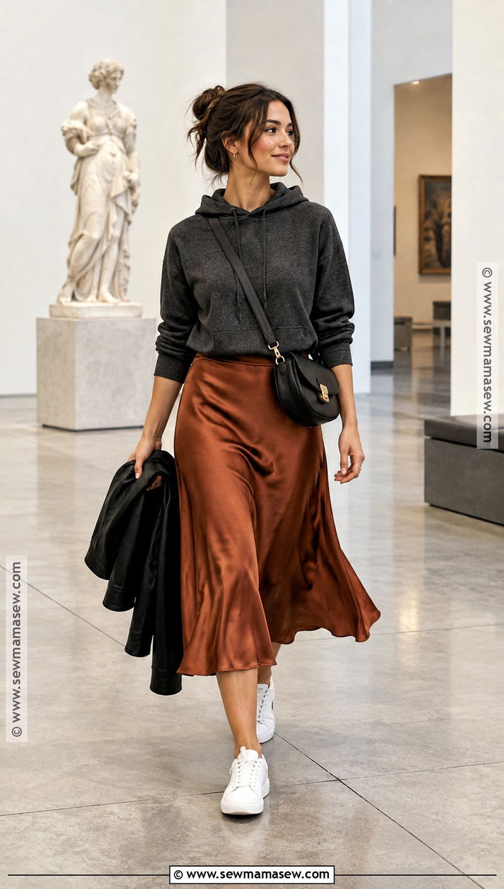 Hoodie With Midi Skirt And Sneakers - 15 cozy fall hoodie style ideas