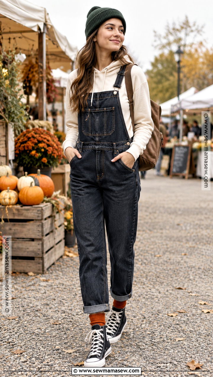 Hoodie With Overalls And Sneakers - 20 fall hoodie outfit ideas