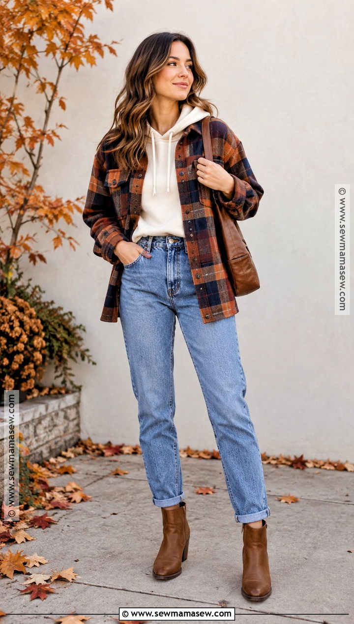 Hoodie With Plaid Overshirt And Mom Jeans - 15 fall hoodie outfit ideas