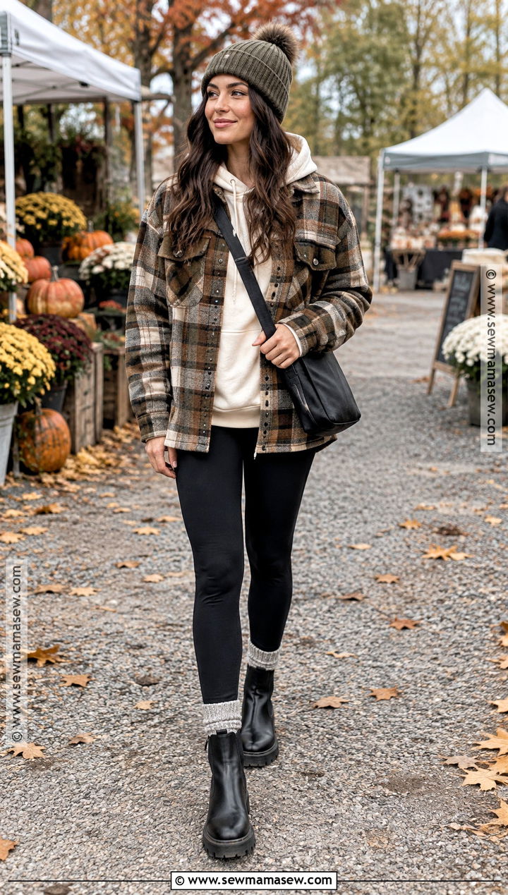Hoodie With Plaid Shacket And Leggings - 15 cozy fall hoodie style ideas