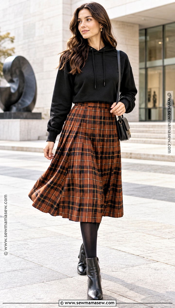 Hoodie With Pleated Midi Skirt Outfit - 20 Autumn Hoodie Ideas